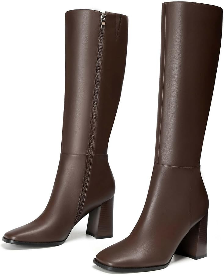 vivianly Womens Square Toe Knee High Leather Boots Chunky Block Heel Tall Long Boots with Side Zi... | Amazon (US)