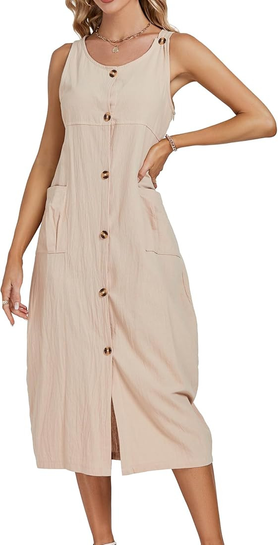 LYANER Women's Summer Casual Sleeveless Strap Buttons Down Midi Dress with Pockets | Amazon (US)
