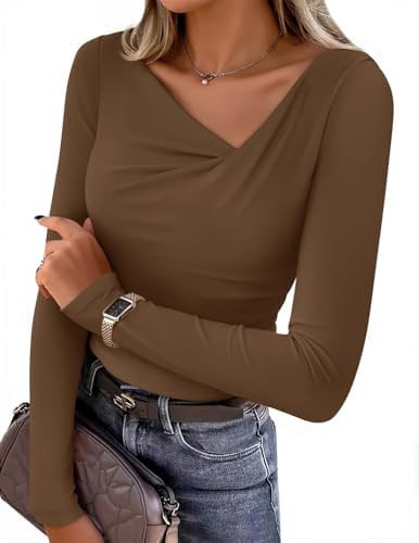 ZESICA Women's Long Sleeve Asymmetrical Neck Ruched Slim Fit Shirts 2025 Fall Fashion Casual Tee ... | Amazon (US)