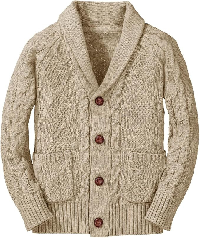 Boy's Sweater Cardigan Button Down Shawl Collar Cable Knitted Outwear Sweater Coats with Pockets | Amazon (US)