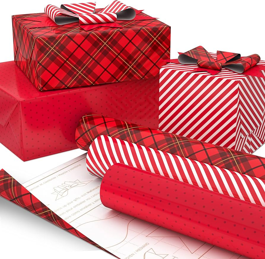 Hallmark Holiday Wrapping Paper with DIY Bow Templates on Reverse (3 Rolls: 120 sq. ft. ttl) Red ... | Amazon (US)