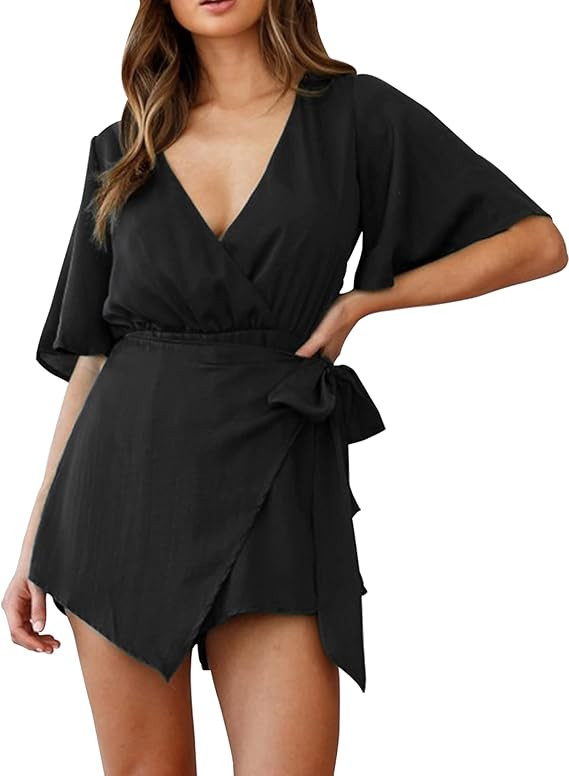 Relipop Women's Rompers V Neck Fared Short Sleeve Wrap Front Waist Tie Back Zip Solid Jumpsuit Ro... | Amazon (US)