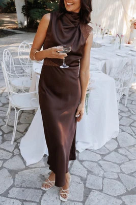 Anabelle Halter Neck Lace Maxi Dress - Chocolate Brown | Petal & Pup (US)