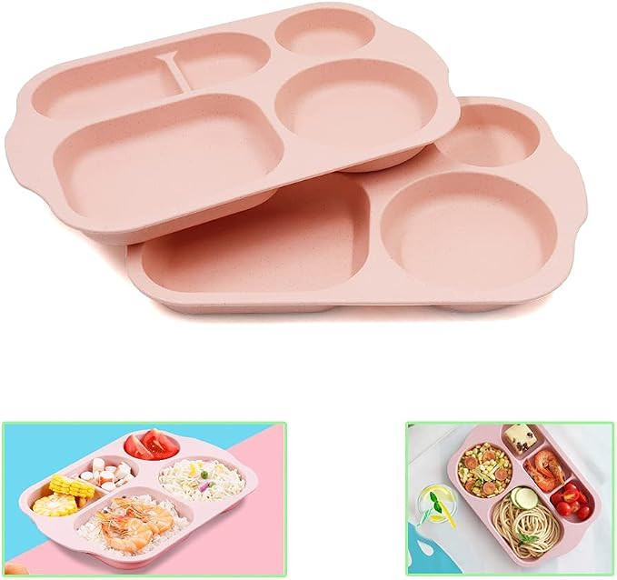 2 Pcs Wheat Straw Divided Plates, School Lunch Trays, Fast Food Trays Cafeteria Trays with Compar... | Amazon (US)