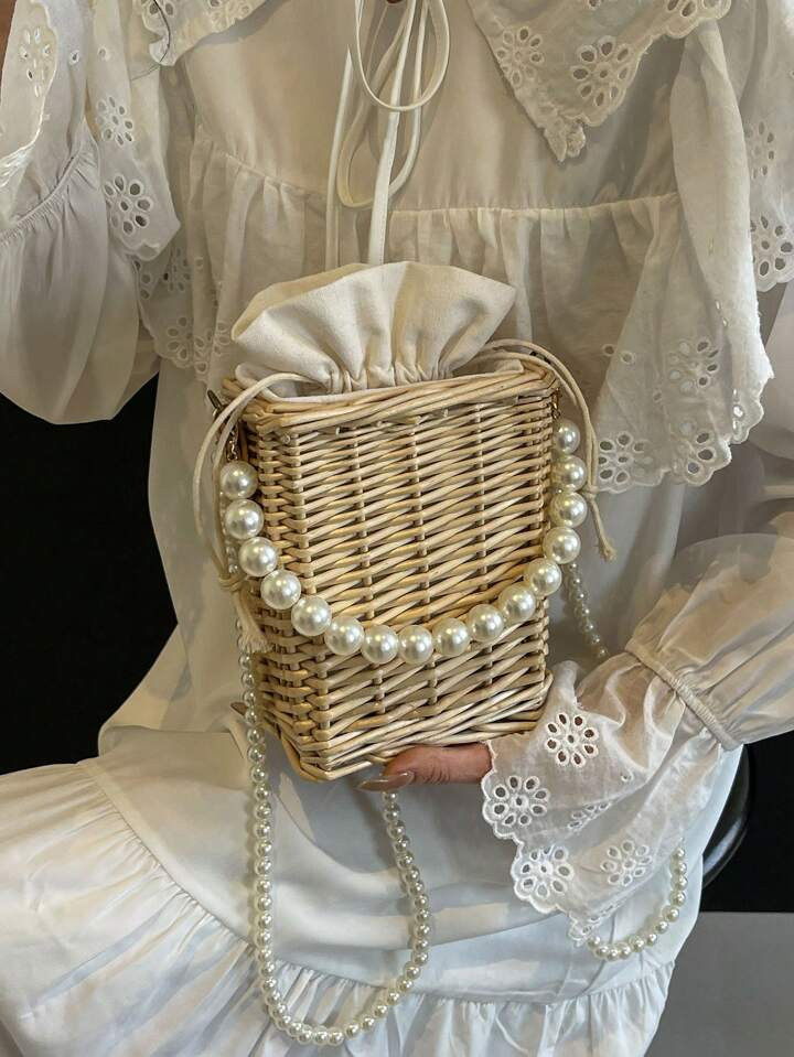 Handmade Solid Color Round Handle Woven Straw Bag With Drawstring Closure, Suitabale For Summer V... | SHEIN