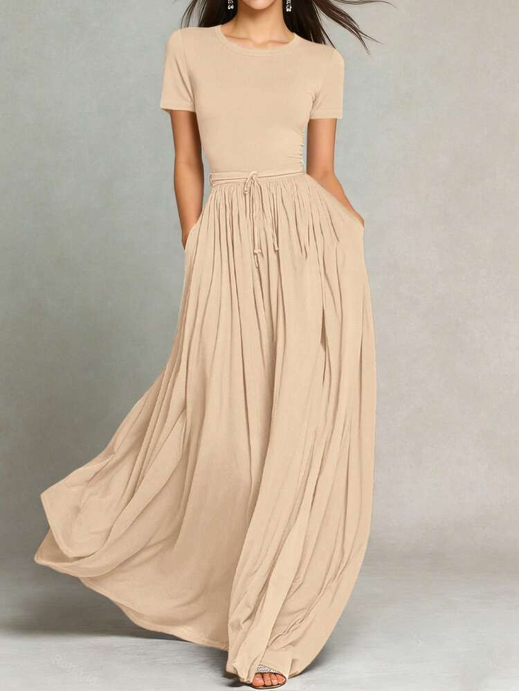 HUTENER Tie-Waist Maxi Dress, Flowy Slimming Vintage Elegant Commuter Versatile Long Dress Summer | SHEIN