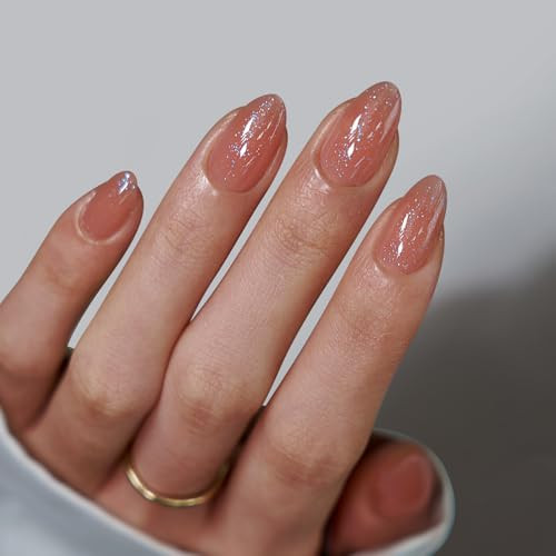 BTArtbox Press On Nails Short - Lamp-Curable Sparkly Almond Press On Nails with Glue for Women, Semi-Transparent Soft Gel Glue On Nails in 16 Sizes - 32 Stick On Nails Kit, Citrine Glow | Amazon (US)