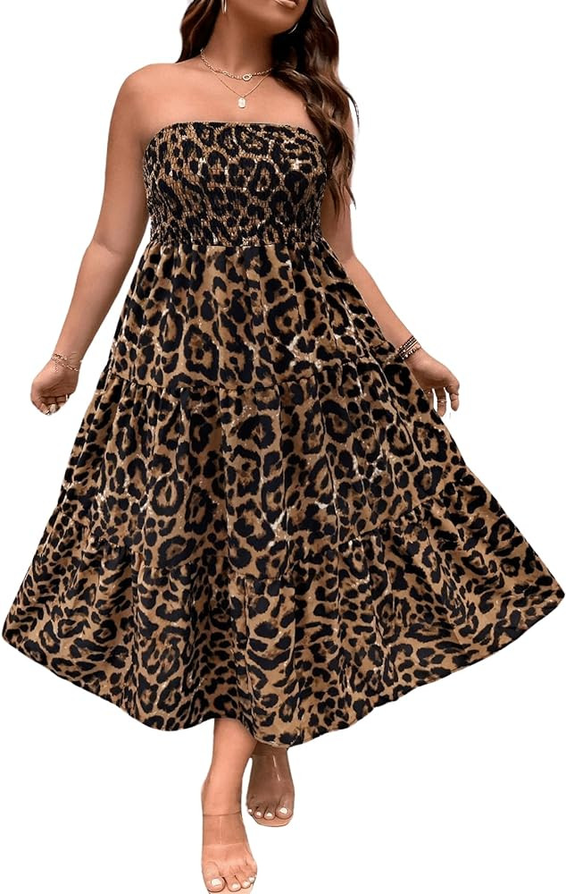 Floerns Women's Plus Size Sleeveless Leopard Print Shirred Tube Ruffle Hem A Line Dress | Amazon (US)