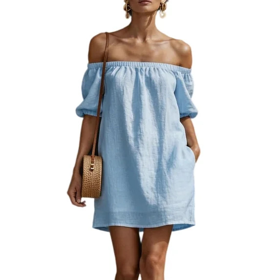 Sevevn Women's Off-Shoulder Linen-Look Dress Puff Sleeve Casual Mini Dress with Pockets Blue M | Walmart (US)