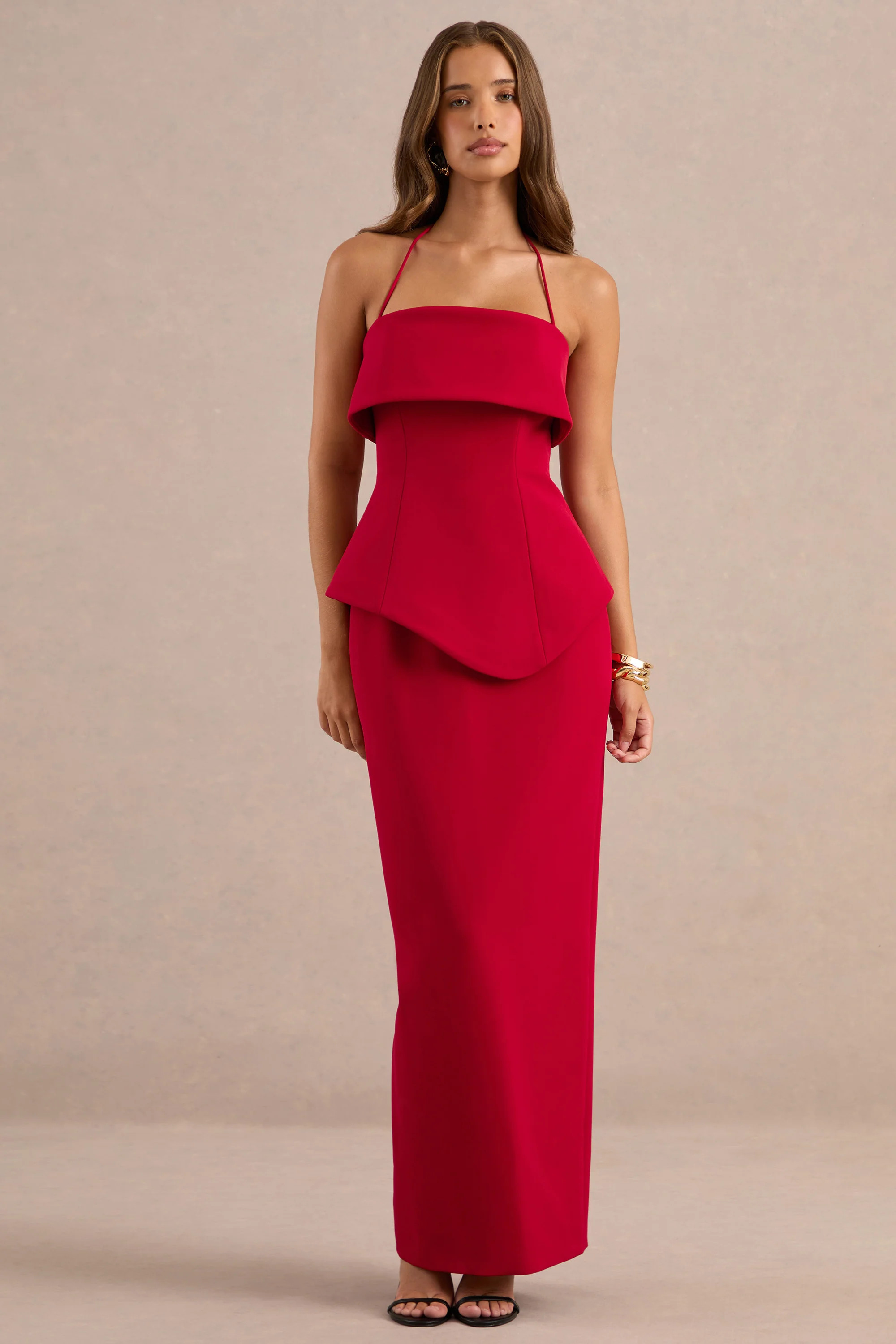Fran | Red Square-Neck Corset Maxi Dress | Club L London