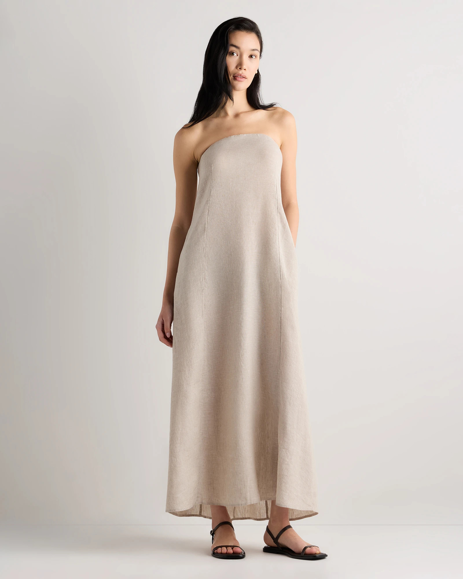 Quince | Women's 100% European Linen Strapless Maxi Dress in Blue Pinstripe, Size Large | Quince