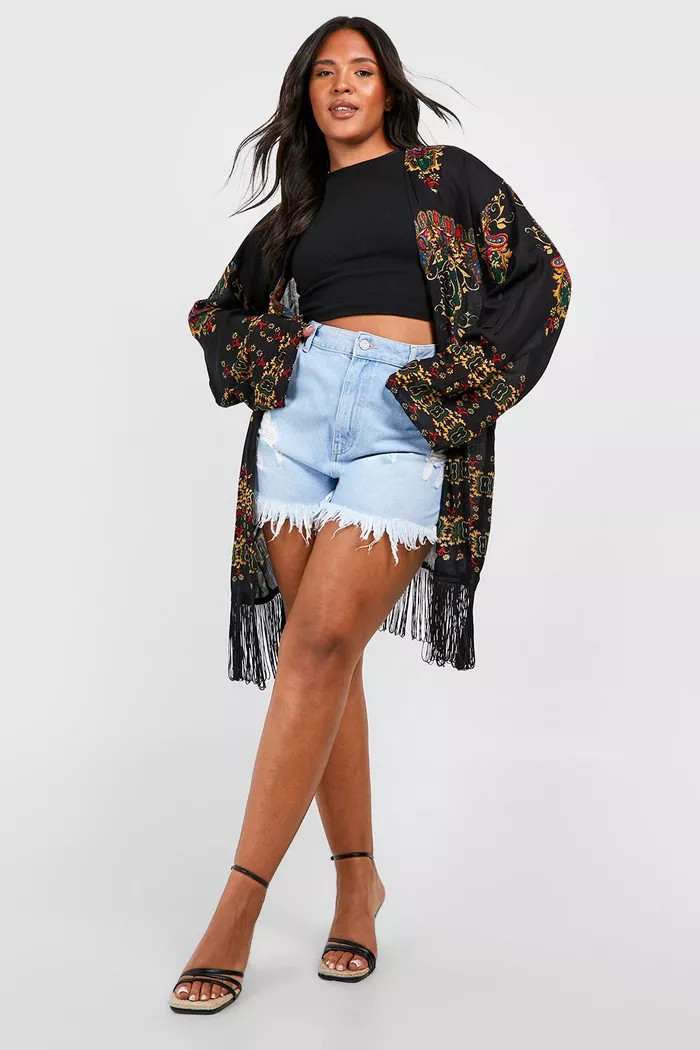 Plus Printed Fringe Kimono | Boohoo.com (US & CA)