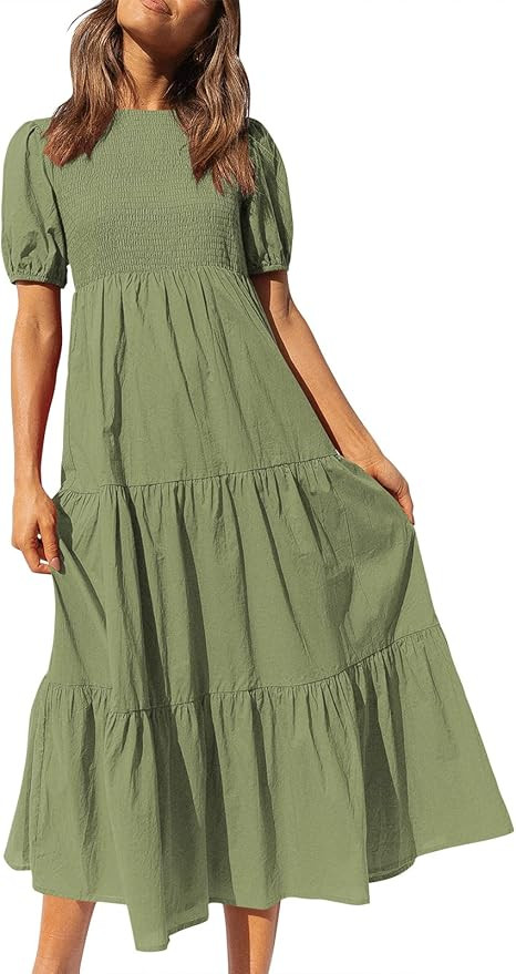 ANRABESS Women's Summer Short Sleeve Crewneck Smocked Sundress Tiered Swing A Line Beach Midi Dre... | Amazon (US)