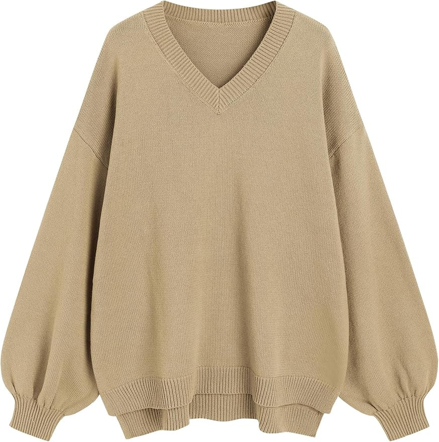 ZAFUL Women's Oversized Sweater 2025 Fall Casual V Neck Knit Side Slit Baggy Batwing Winter Long ... | Amazon (US)