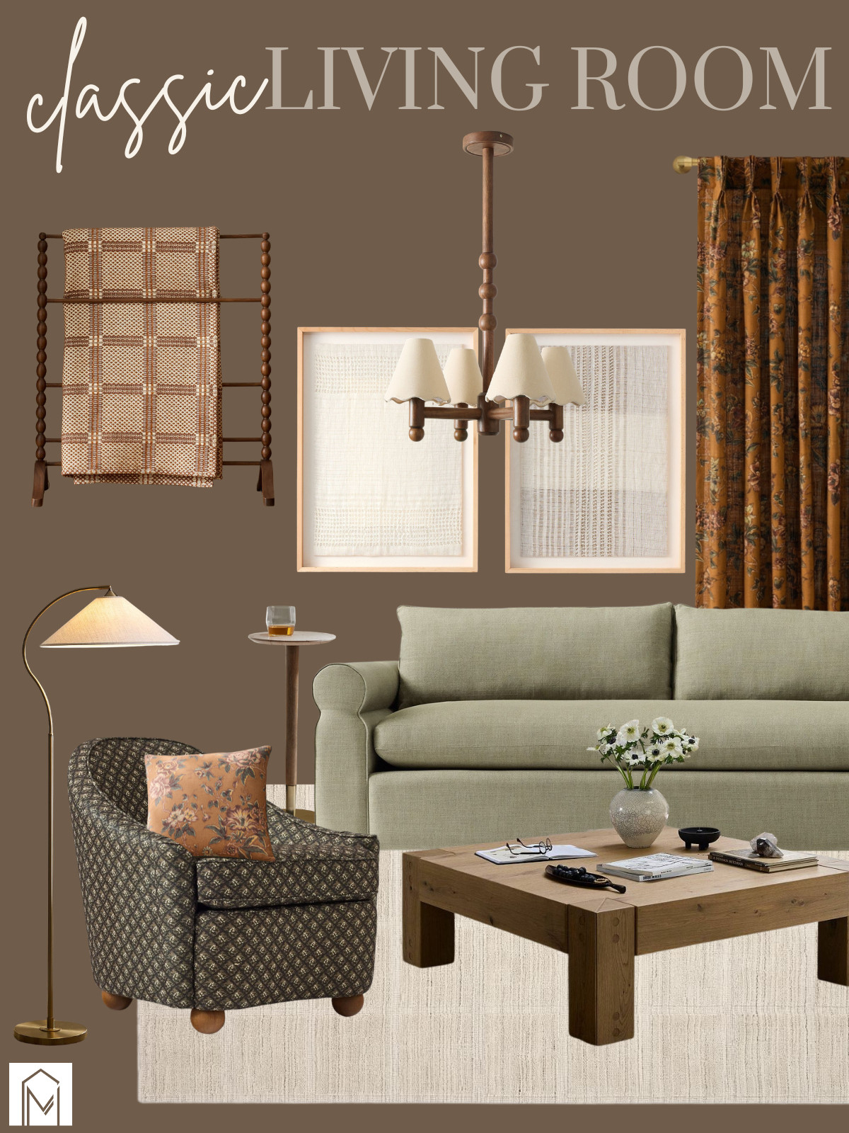 This is what "classic" looks like when it's done right — not fussy, not trend-chasing, just good bones and better materials. We're talking a sage-green sofa with that broken-in softness, a chunky reclaimed-wood coffee table that can take a life of use, and a swivel chair in the kind of print you keep for a decade, not a season. Layer in a turned-wood bead chandelier, brass arc lamp, and floral drapery with a little patina to them, and you've got a room that feels rooted — like it's always been there, even on day one.

Shop the look below to bring this warm, layered classic living room home. 🤎 

 #LTKHome