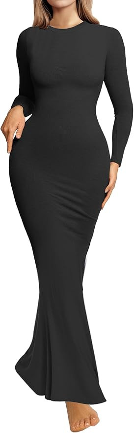 Womens Bodycon Maxi Dresses Sexy Crew Neck Dresses Long Sleeve Ribbed Black Dress Elegant Lounge ... | Amazon (US)