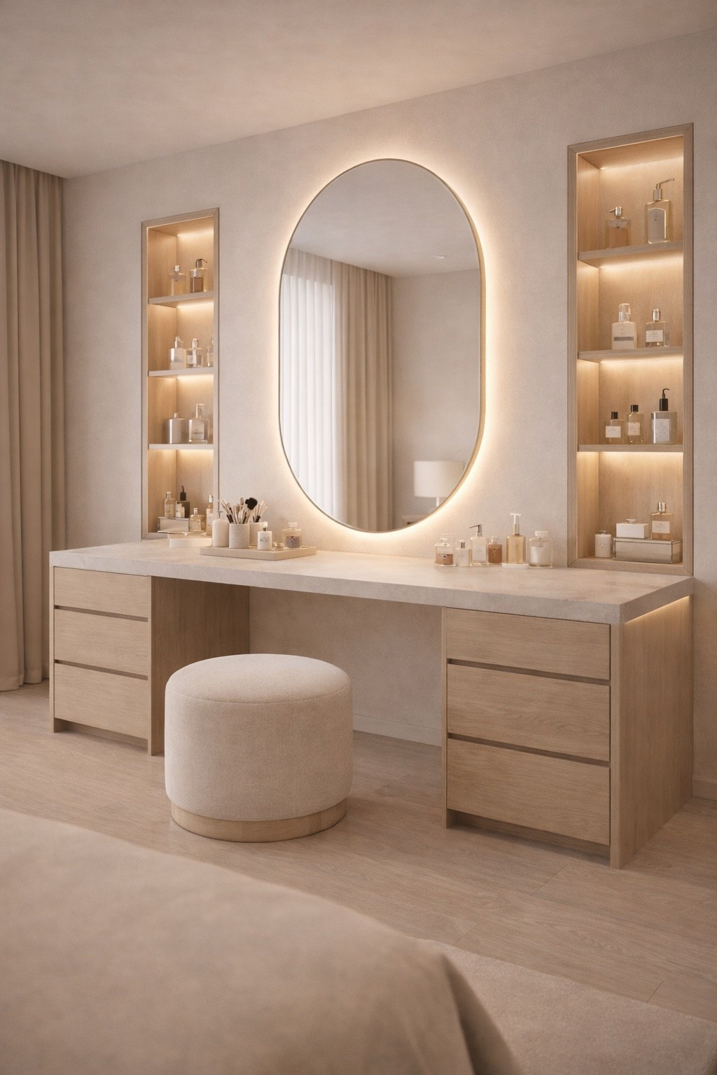 Elegant modern vanity table with a large LED-backlit mirror, built-in shelves, and soft neutral tones. This Japandi-inspired makeup area features warm wood finishes, minimalist storage, and a cozy upholstered pouf. Perfect inspiration for bedroom vanity setups, walk-in closets, and luxury neutral interiors.
#vanitytable
#makeuptable
#modernvanity
#japandistyle
#neutralinterior
#beigeaesthetic
#ledmirror
#vanitysetup
#luxuryinterior
#pinterestinterior


#LTKHome #LTKGiftGuide #LTKSaleAlert