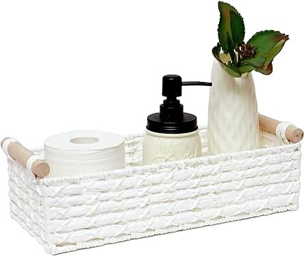 Small Storage Basket Wicker Baskets for Organizing with Handle Decorative Storage Bins for Countertop Toilet Paper Basket for Toilet Tank Top Small Baskets Set,White | Amazon (US)