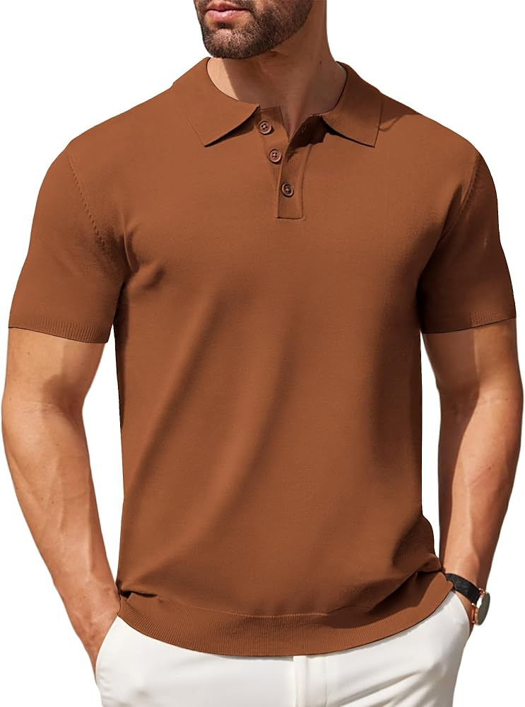 COOFANDY Mens Knit Polo Shirts Casual Short Sleeve Button Down Polo Shirt Classic Golf Shirts | Amazon (US)