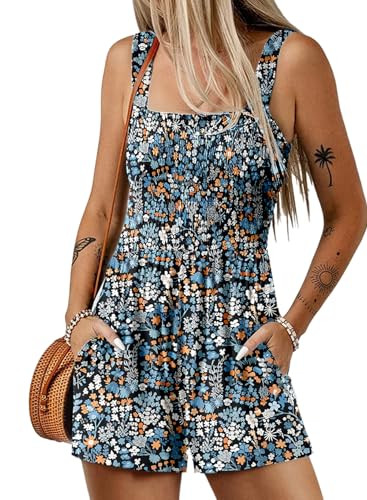Dokotoo Rompers for Women 2025 Casual Loose Short Overalls One Piece Sleeveless Jumpsuits for Women Stretchy Wide Leg Short Pant Rompers Jumpsuit with Pockets Printed Summer Outfits Small Navy Blue | Amazon (US)