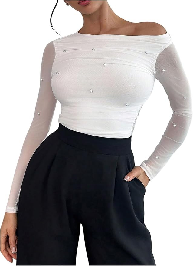 OYOANGLE Women's Off Shoulder Sheer Mesh Long Sleeve T Shirt Pearl Going Out Top | Amazon (US)