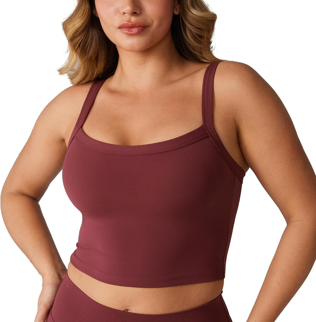 Hugcurve Adjustable Longline Sports Bra Square Neck Workout Tank Crop Tops for Women with Built i... | Amazon (US)