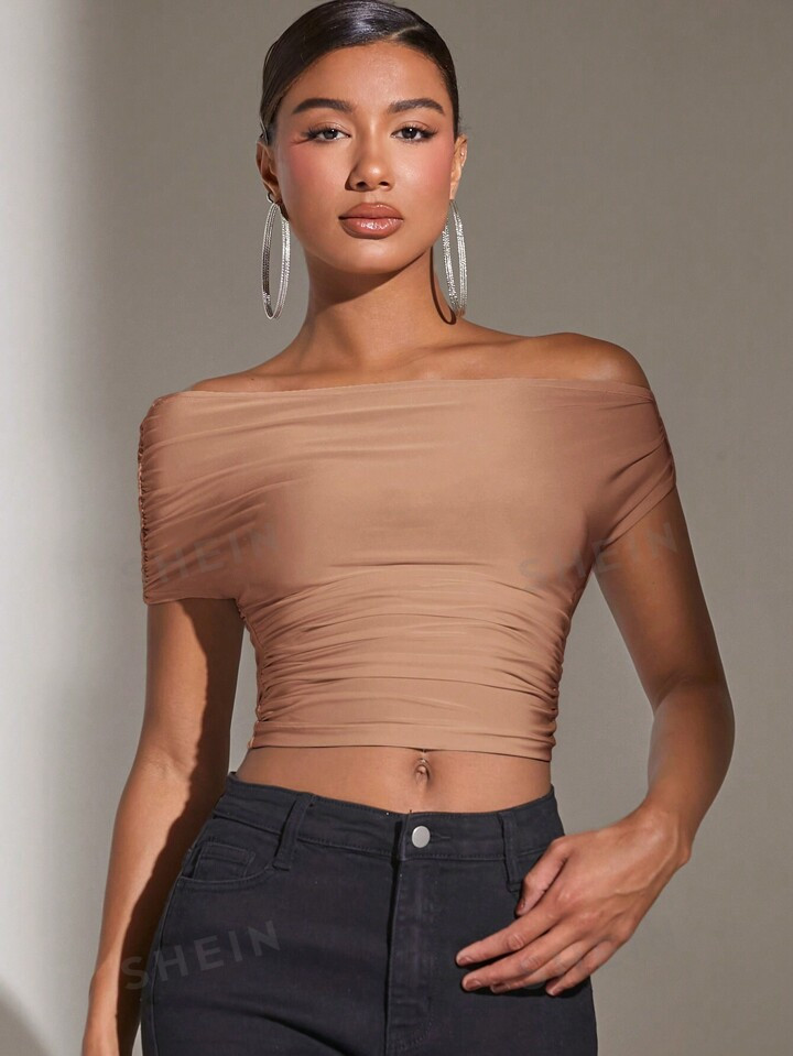 SHEIN BAE Ladies Solid Color Off Shoulder Ruched Short Top | SHEIN