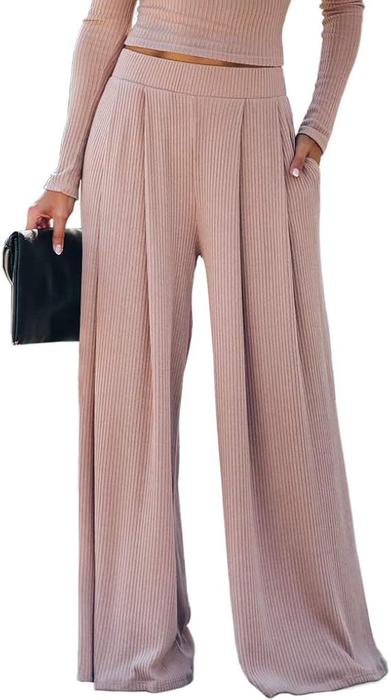 SySea Womens Wide Leg Palazzo Pants High Wiasted Ribbed Pleated Stretchy Lounge Trousers with Poc... | Amazon (US)