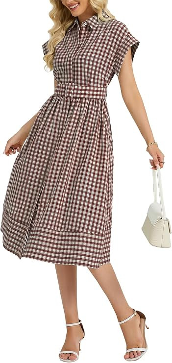 EZAPINE Gingham Button Down Midi Dress for Women Summer Short Sleeve Cotton Plaid Belted Long Shi... | Amazon (US)