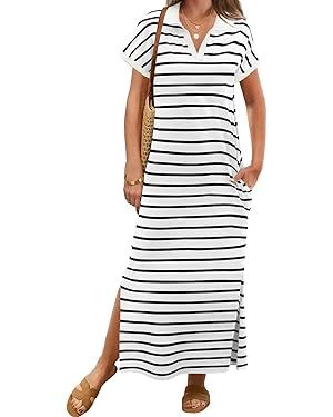 MEROKEETY Women's Summer Striped Short Sleeve Dress V Neck Collared Side Slit Casual Beach Maxi D... | Amazon (US)