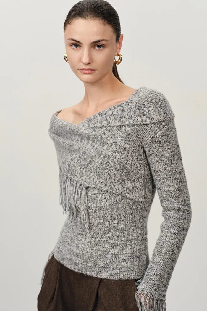 Luna Cold Shoulder Floral Tulle Tassel Sweater in Merino Wool | Fabrique