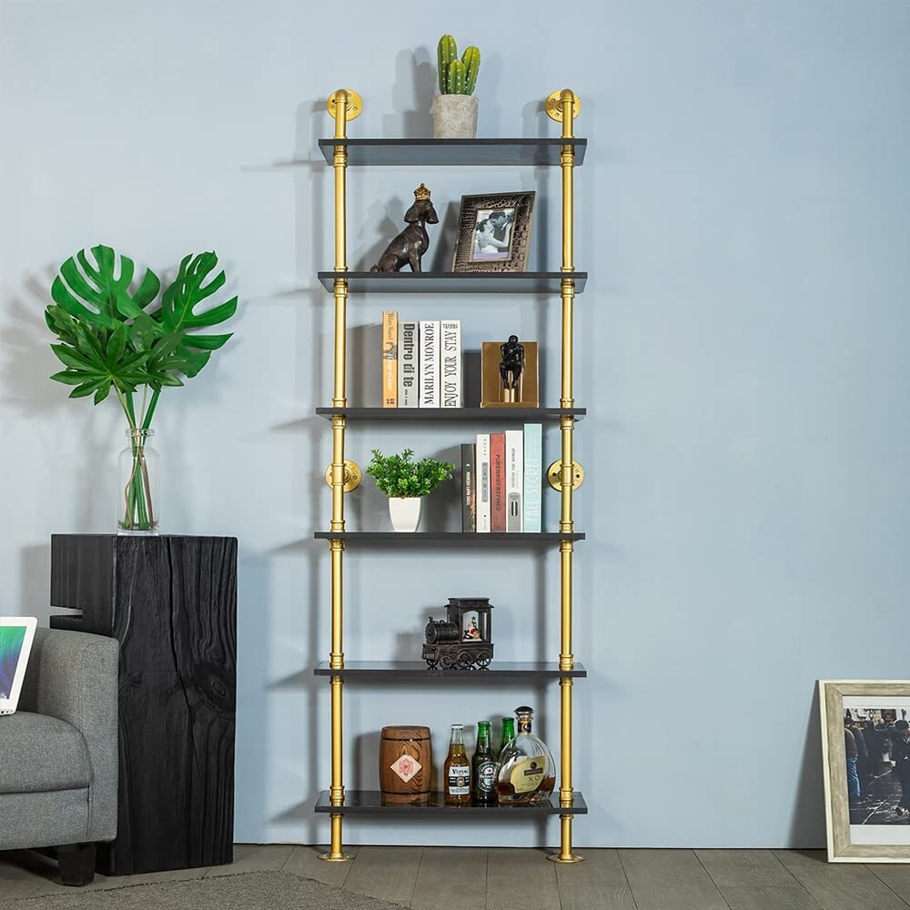 HEONITURE 6-Tier Black Faux Marble and Gold Shelves Bookshelf Decor Industrial Pipe Shelving Metal f | Bed Bath & Beyond