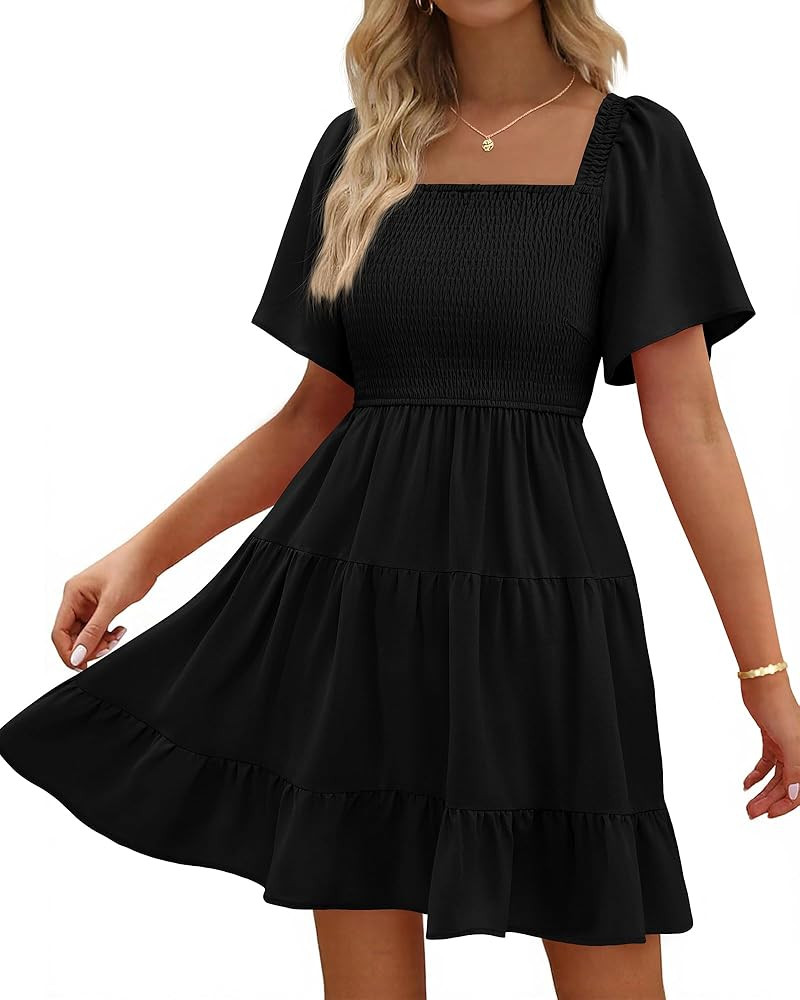 BTFBM Women's Summer Smocked Mini Dress Square Neck Flutter Sleeve Casual Ruffle Flared Swing Boh... | Amazon (US)