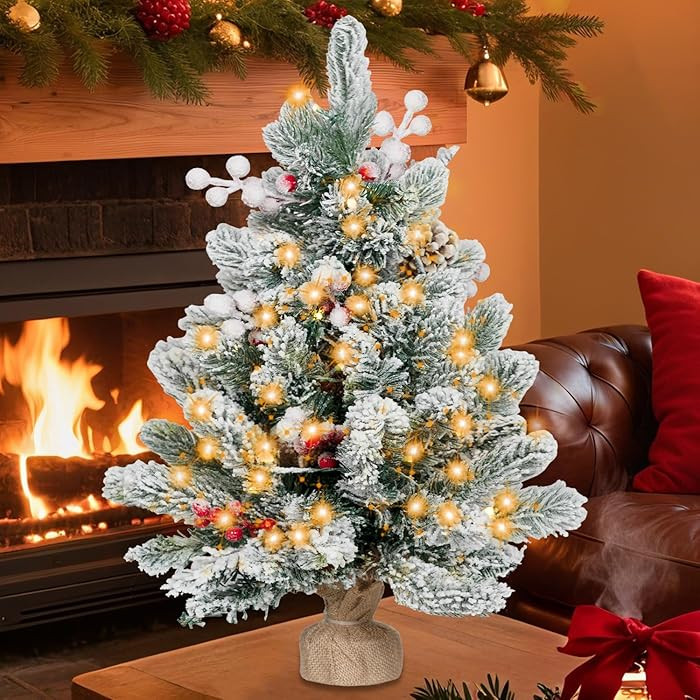 2FT Pre-lit Mini Christmas Snow Flocked Tree,Tabletop Artificial Christmas Tree with LED Lights, ... | Amazon (US)
