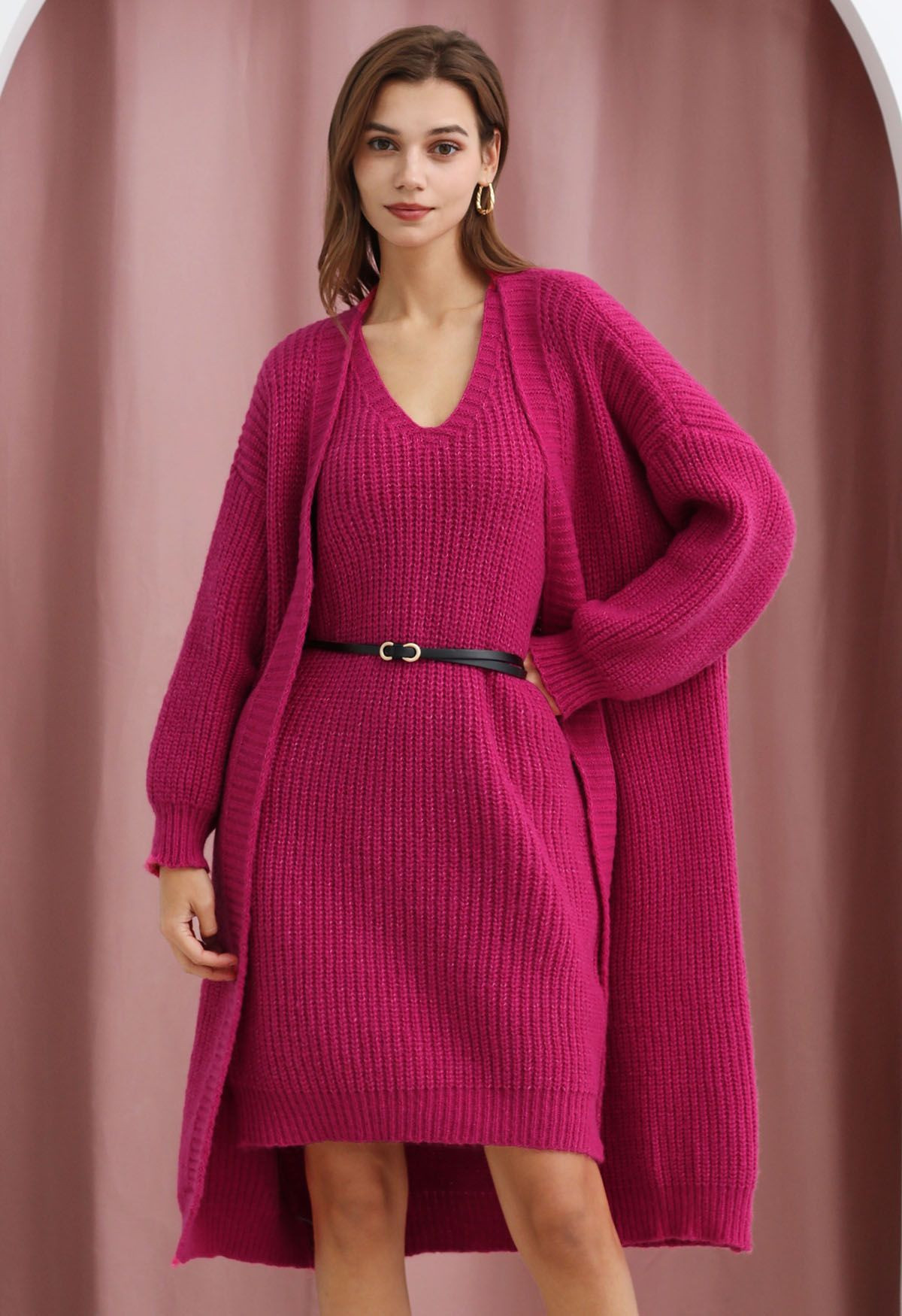 Effortless V-Neck Sleeveless Knit Dress and Longline Cardigan Set in Hot Pink | Chicwish