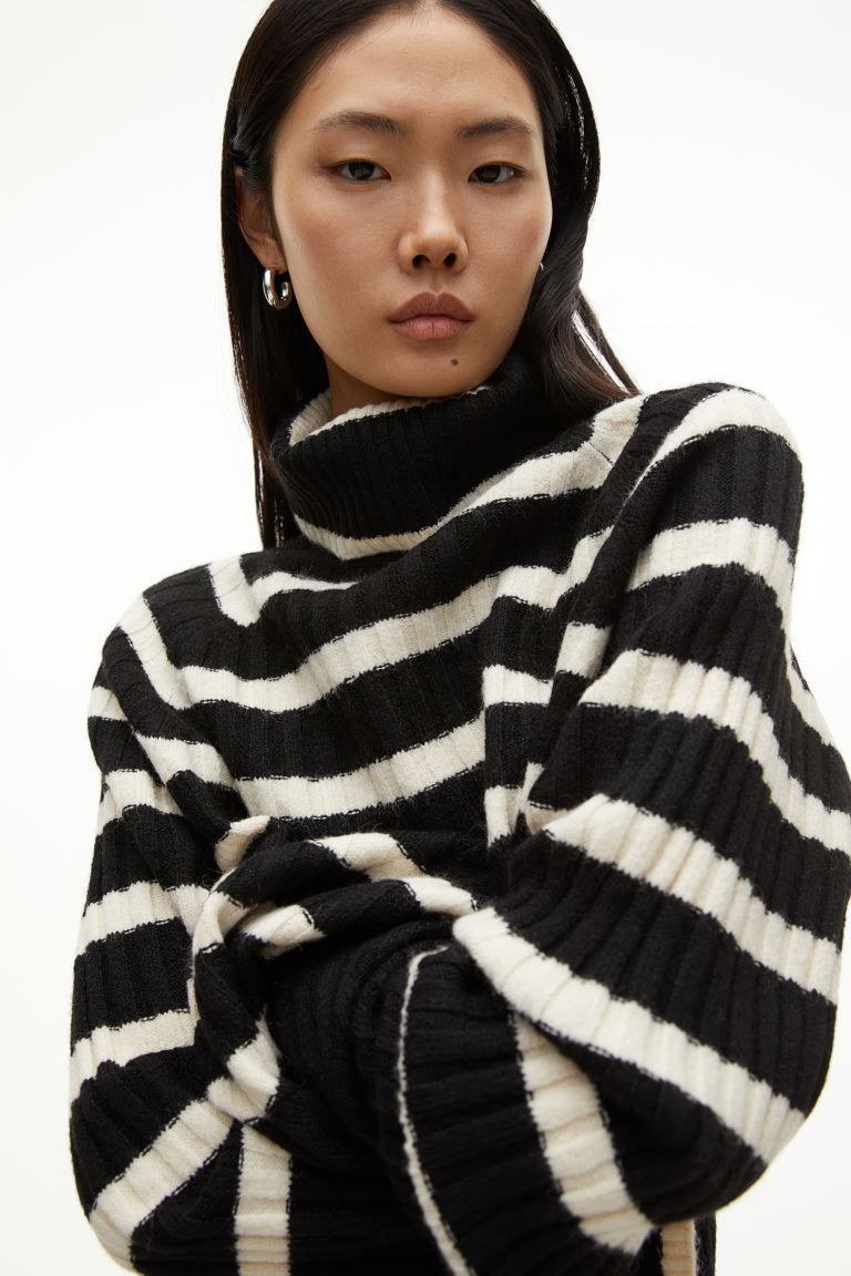 Rib-knit Turtleneck Sweater - Black/striped - Ladies | H&M US | H&M (US + CA)