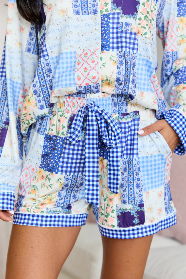 Cozy Crush Pajama Shorts - Patchwork Pop Blue | Pink Lily