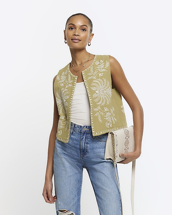 Khaki embroidered waistcoat | River Island (UK & IE)