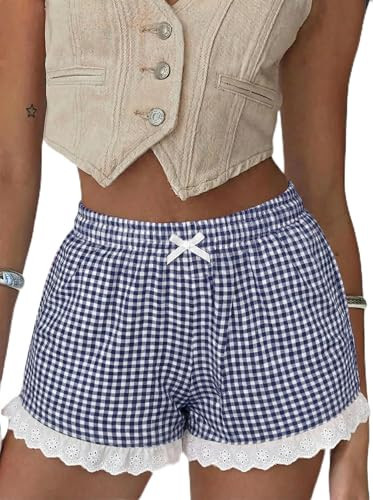 Aoulaydo Boxer Shorts 2025 Summer Gingham Pajama Shorts Casual Lounge Y2K Lace Trim Beach Bottoms | Amazon (US)