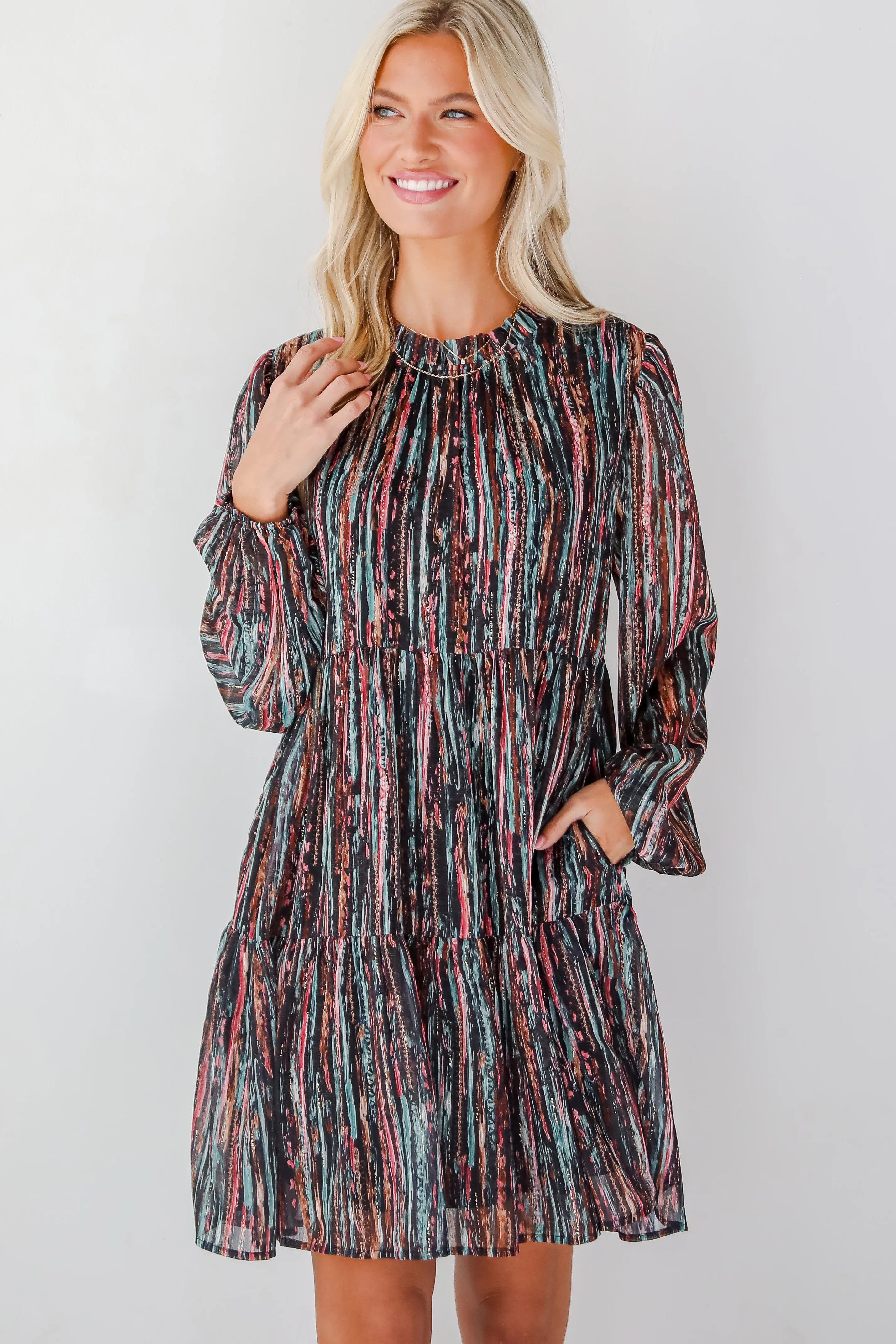 Chic Black Striped Tiered Mini Dress | Party Dresses | DressUp | Dress Up