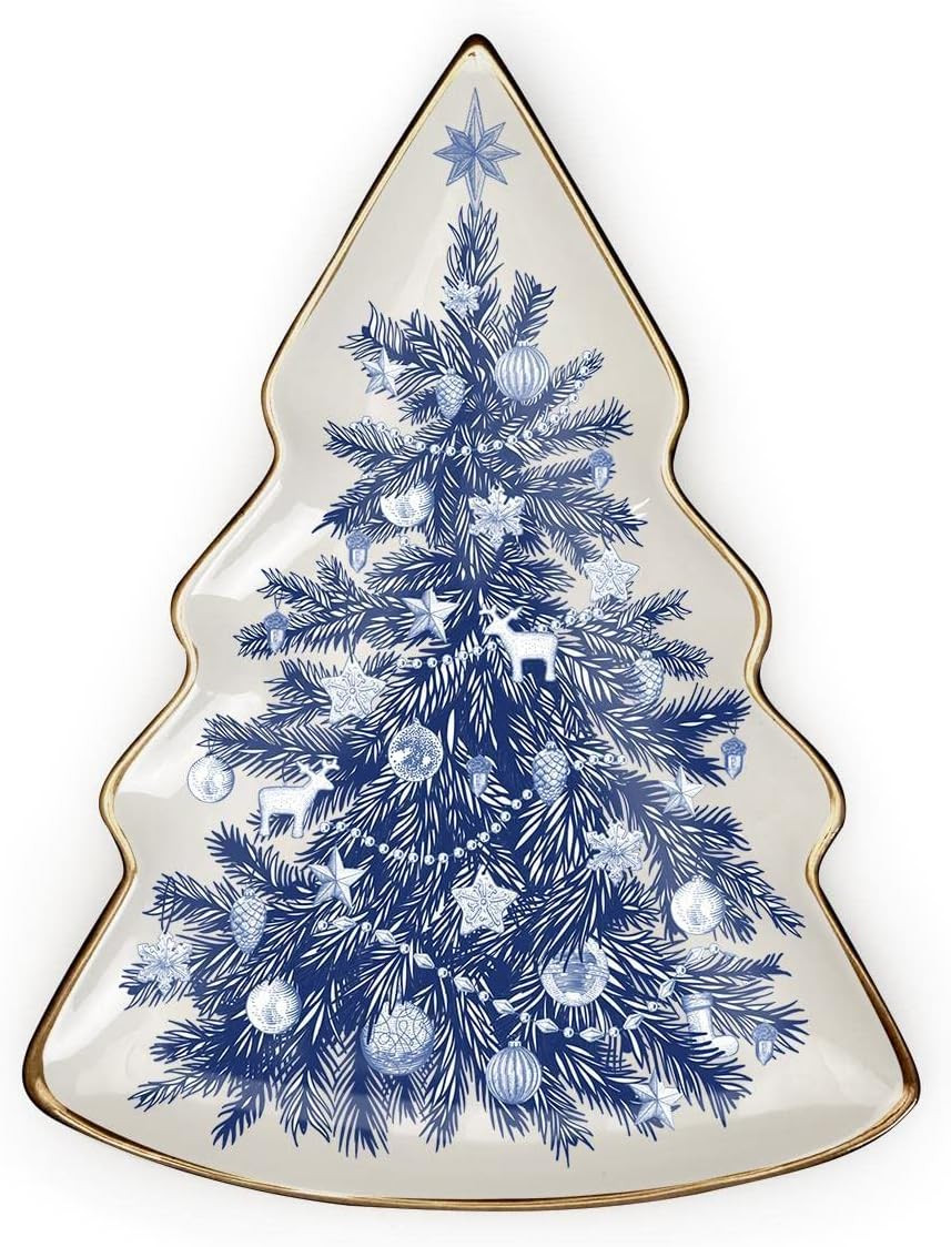 Two's Company Blue and White Christmas Tree Shaped Dish - Decorative Ceramic Serving Platter, Hol... | Amazon (US)
