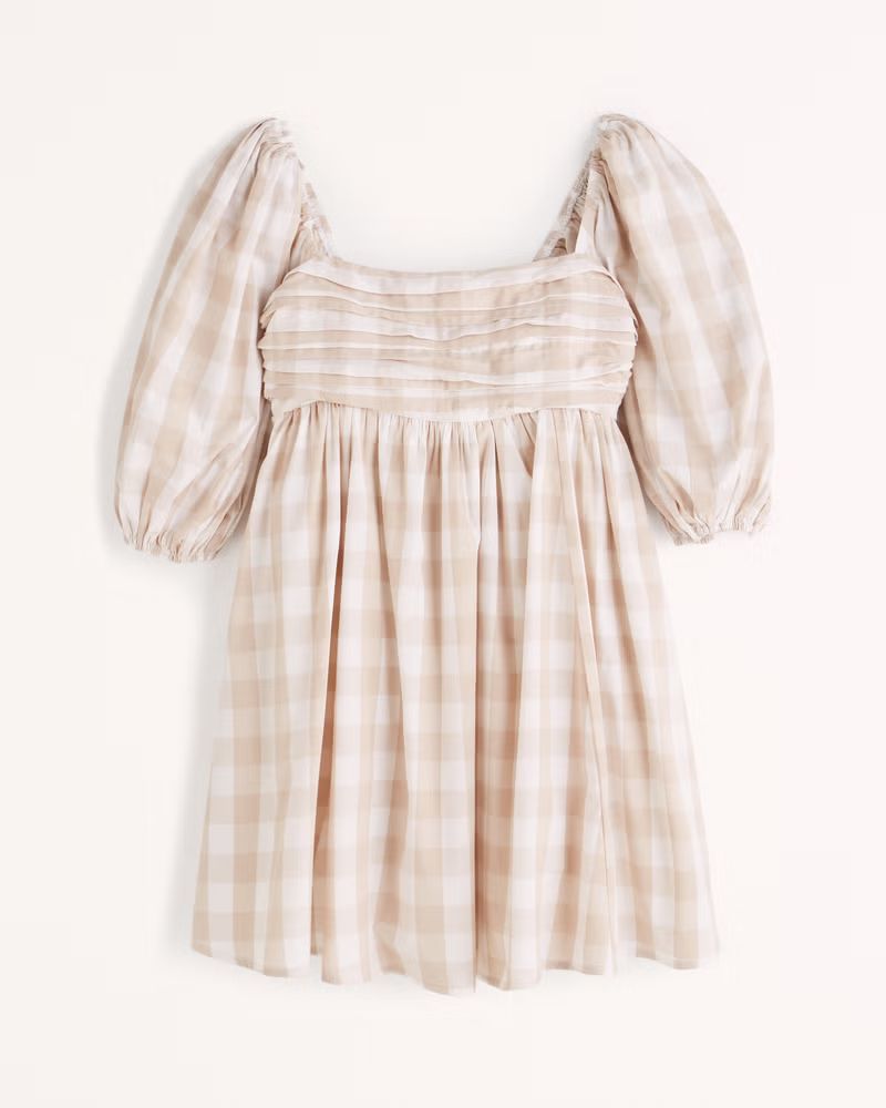 Abercrombie & Fitch Women's Ruched Bodice Puff Sleeve Mini Dress in Light Brown Check - Size S PET | Abercrombie & Fitch (US)