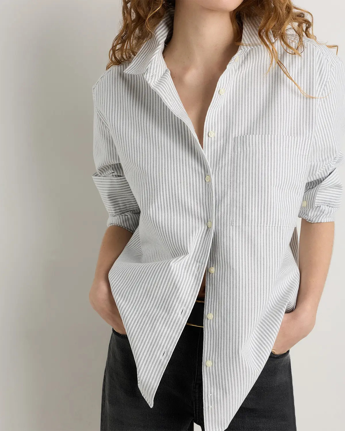 Organic Cotton Relaxed Oxford Shirt in Black Midtown Stripe | Quince