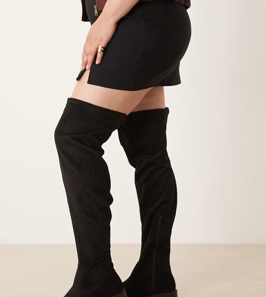 ASOS DESIGN Curve Kacey smart flat over the knee boots in black suedette | ASOS (Global)