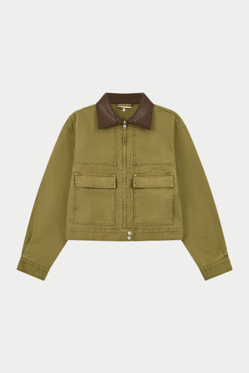 WASHED CONTRAST COLLAR TRUCKER JACKET - KHAKI | The Couture Club
