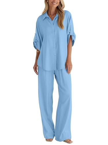 Women's 2 Piece Outfits Sets Button Down Half Sleeve Button Down Shirt Wide Leg Pants Lounge Set | Amazon (US)
