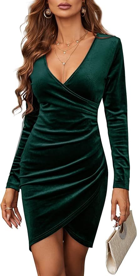 JECEIKA Velvet Dress for Women Wrap V Neck Long Sleeve Ruched Midi Dresses for Cocktail Evening P... | Amazon (US)