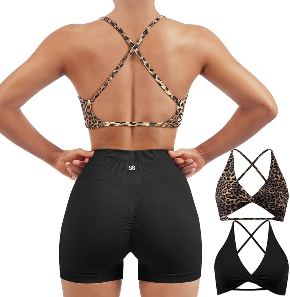 SUUKSESS Women 2 Piece Open Back Strappy Sports Bra Pack Twist V Neck Workout Crops | Amazon (US)