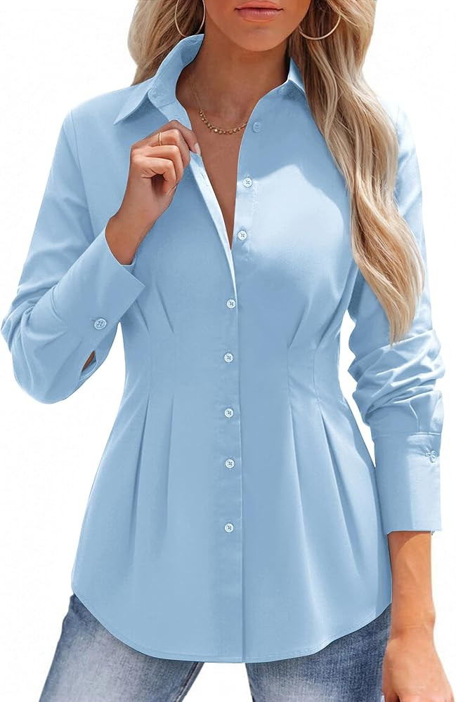 siliteelon Button Down Shirts for Women Cinched Waist Dress Shirt Cotton Long Sleeve Business Cas... | Amazon (US)