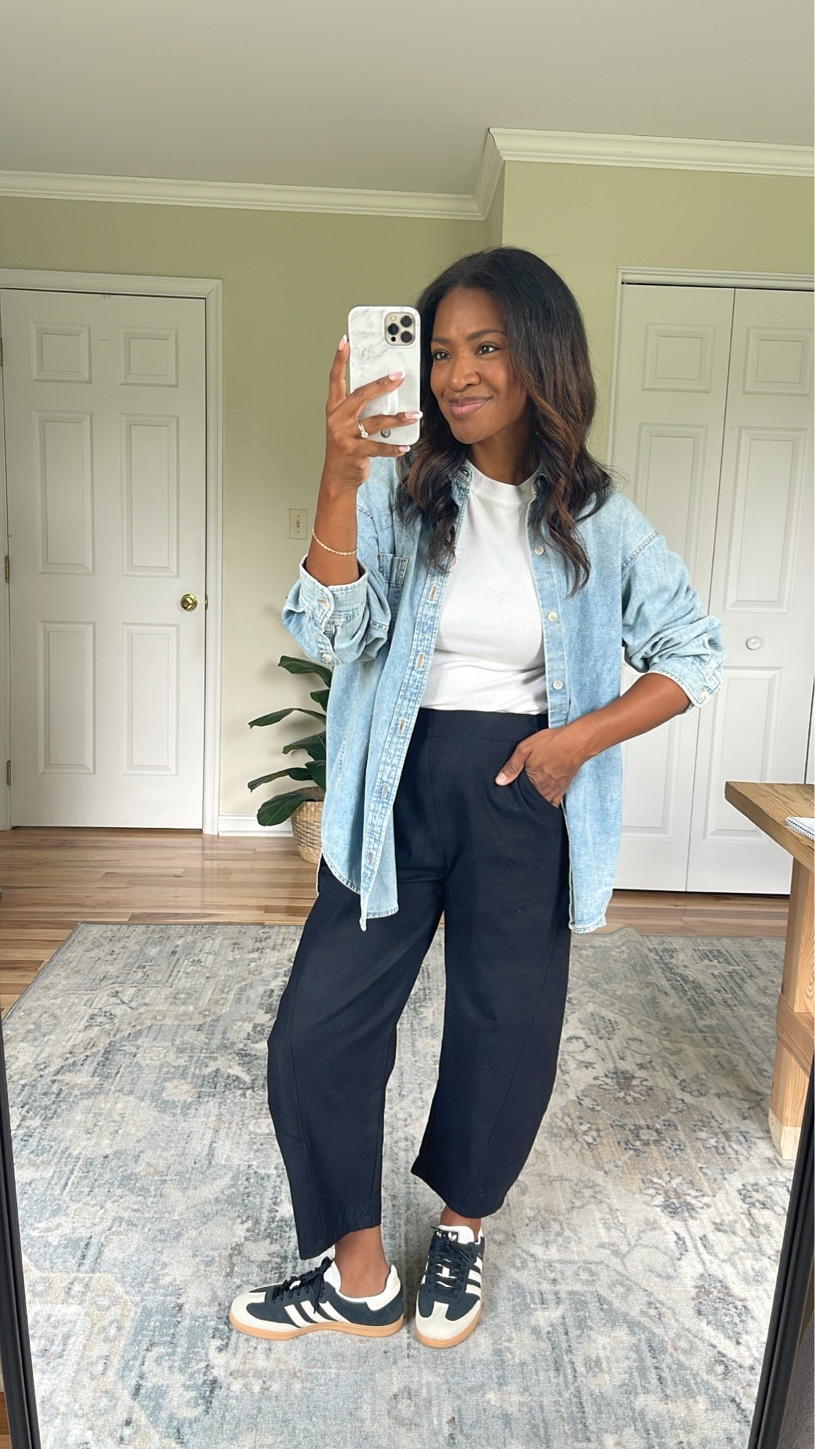 Wearing a size small in the denim button down but it does run oversized a bit so I would size down. An XS probably could have been better for me but I don’t mind keeping the small. Wearing a small in the pants. Size down 1/2 in the shoes.
